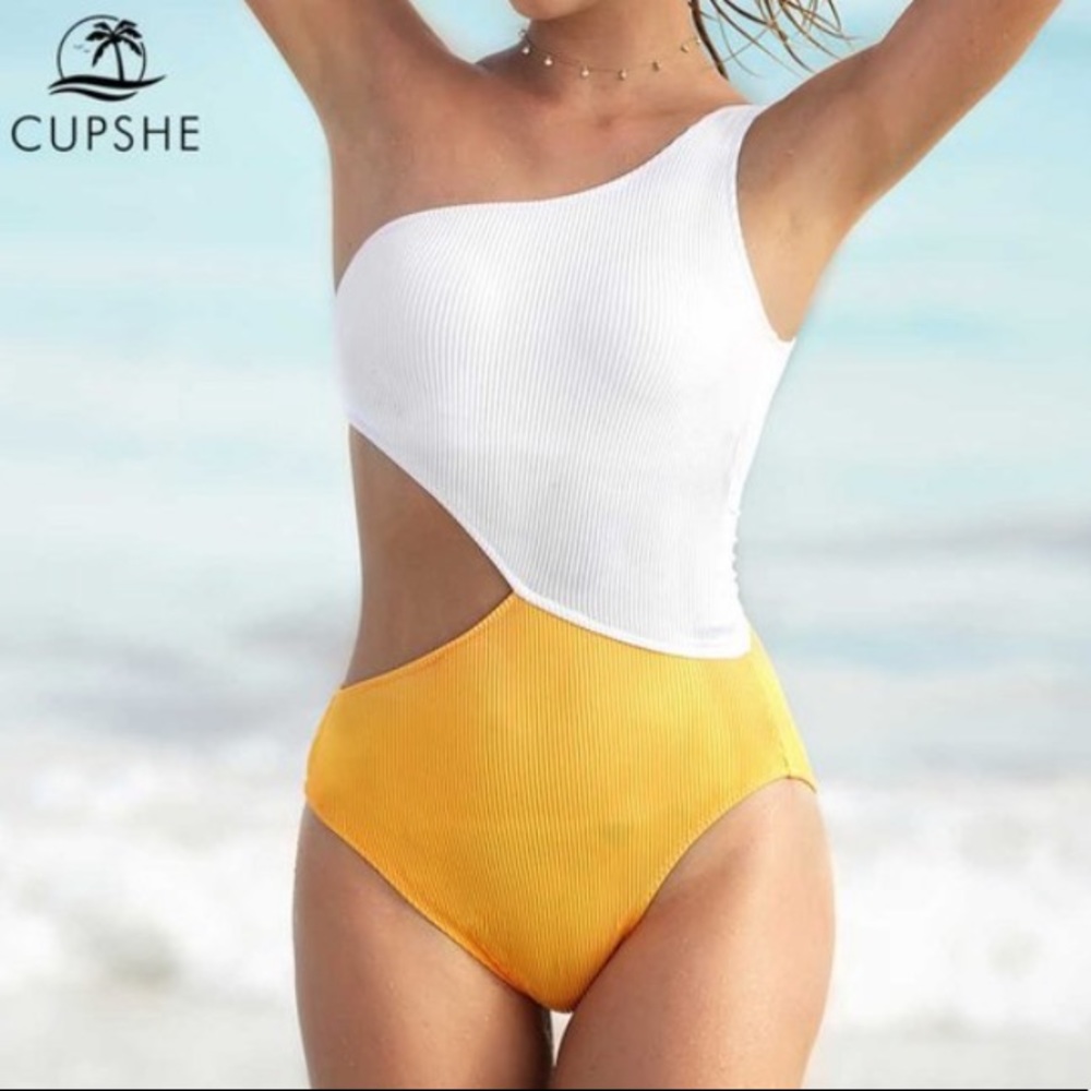 CUPSHE One Shoulder Cutout One-piece Swimsuit  in White/Orange Sz M
